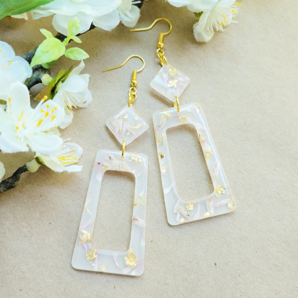 Statment Earrings Gold Pastel Pink Floral Milk Bath Handmade Geometric Dangle